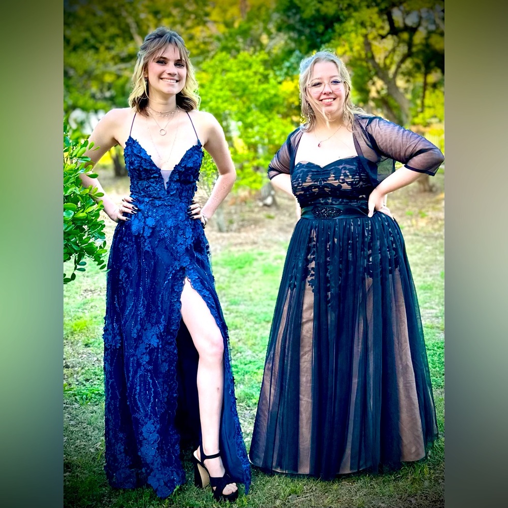 Navy blue floral lace beaded formal prom maxi dress